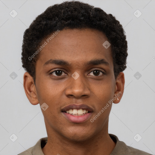 Joyful black young-adult male with short  brown hair and brown eyes