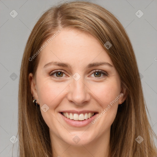 Joyful white young-adult female with long  brown hair and brown eyes