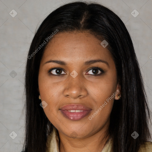 Joyful black young-adult female with long  brown hair and brown eyes