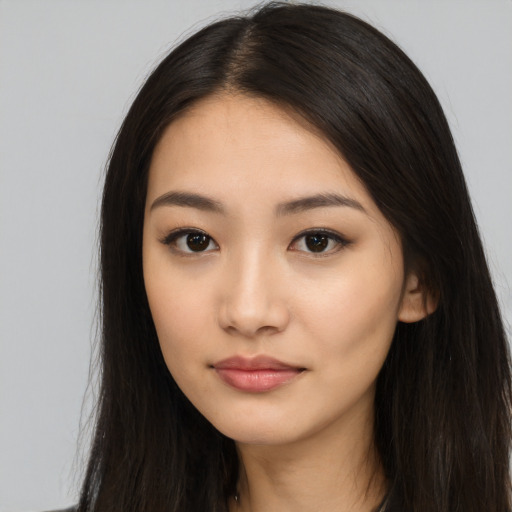 Neutral asian young-adult female with long  black hair and brown eyes
