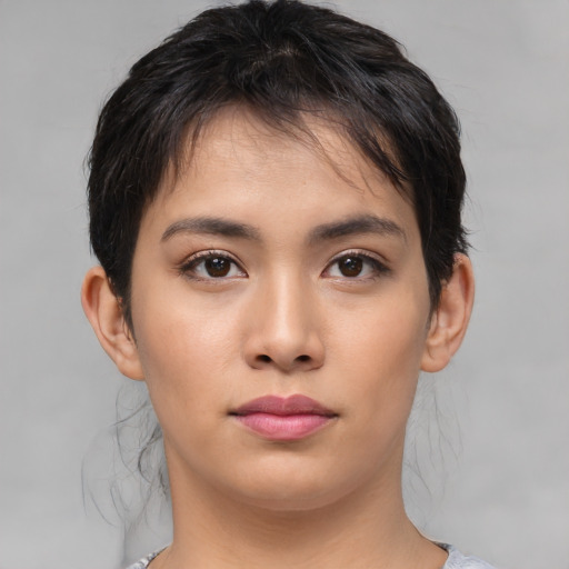 Neutral white young-adult female with medium  black hair and brown eyes