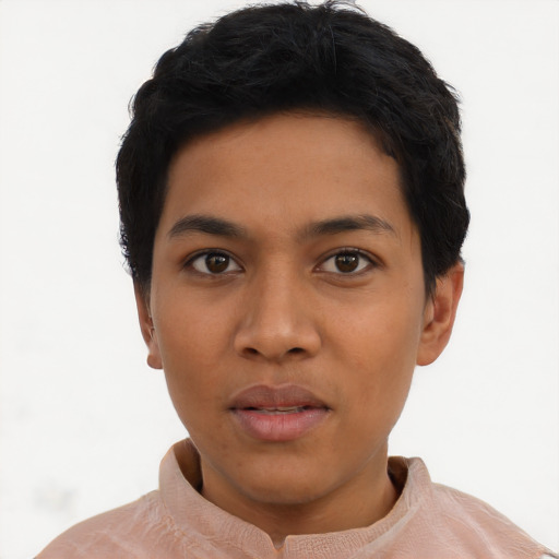 Neutral latino young-adult female with short  black hair and brown eyes