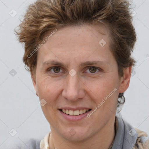 Joyful white adult female with short  brown hair and brown eyes