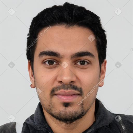 Neutral latino young-adult male with short  black hair and brown eyes