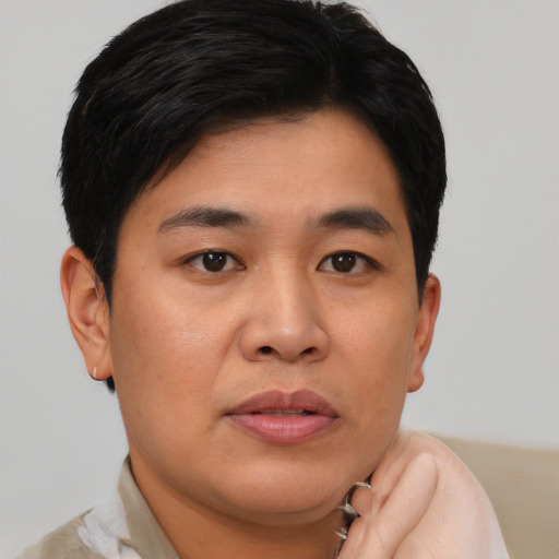 Joyful asian young-adult male with short  brown hair and brown eyes