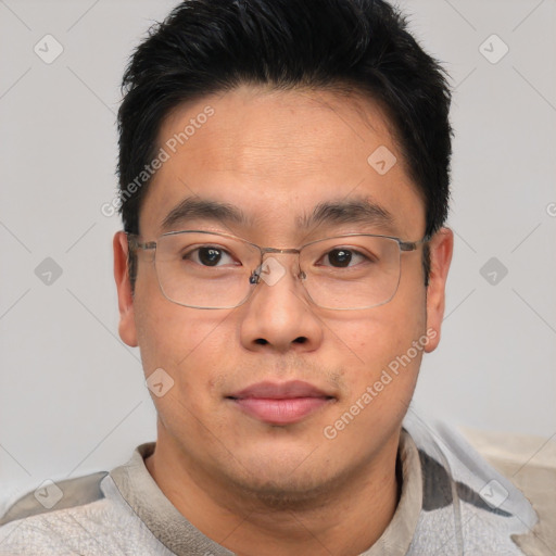 Neutral asian young-adult male with short  brown hair and brown eyes