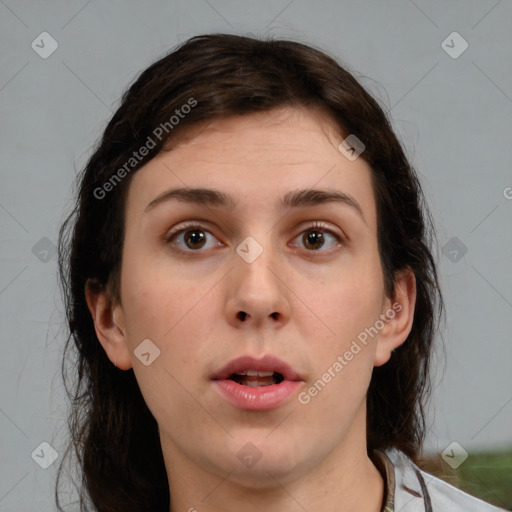 Neutral white young-adult female with medium  brown hair and brown eyes