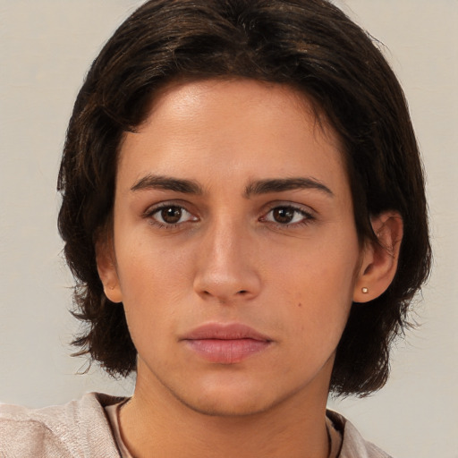 Neutral white young-adult female with medium  brown hair and brown eyes