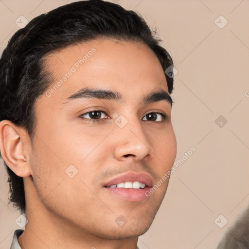 Neutral latino young-adult male with short  brown hair and brown eyes