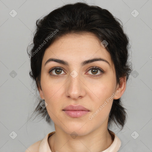 Neutral white young-adult female with medium  brown hair and brown eyes