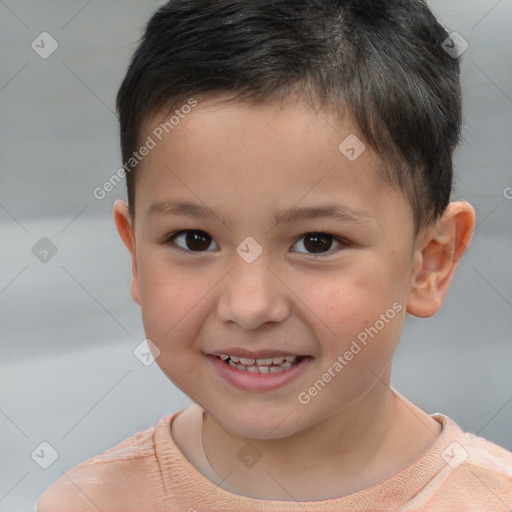 Joyful white child male with short  brown hair and brown eyes