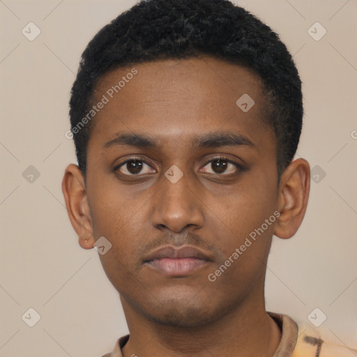 Neutral latino young-adult male with short  brown hair and brown eyes