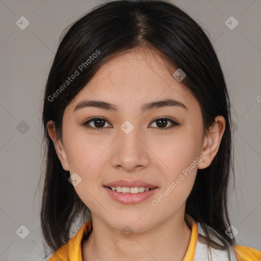 Joyful white young-adult female with medium  brown hair and brown eyes