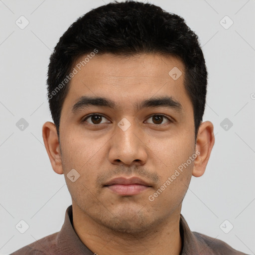 Neutral latino young-adult male with short  black hair and brown eyes