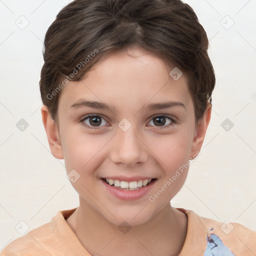 Joyful white child female with short  brown hair and brown eyes