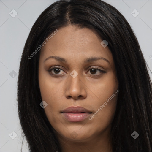 Joyful asian young-adult female with long  brown hair and brown eyes