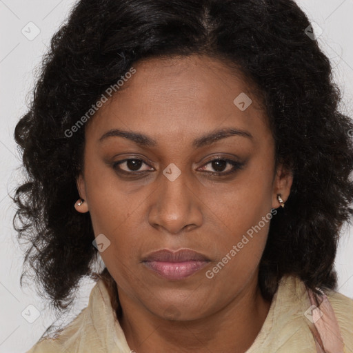 Joyful black adult female with long  brown hair and brown eyes