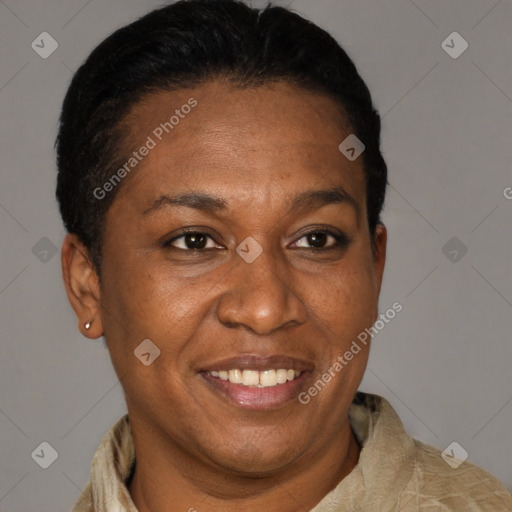 Joyful black adult female with short  brown hair and brown eyes