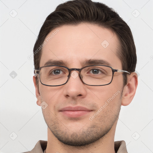 Neutral white young-adult male with short  brown hair and grey eyes