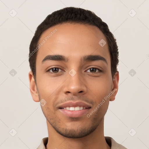 Neutral latino young-adult male with short  brown hair and brown eyes