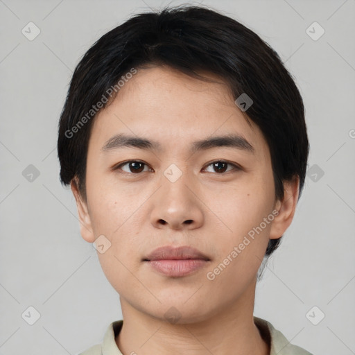 Neutral asian young-adult male with short  black hair and brown eyes