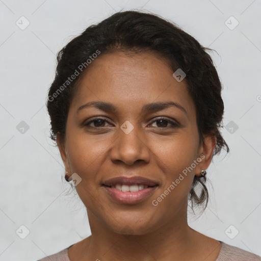 Joyful latino young-adult female with short  brown hair and brown eyes