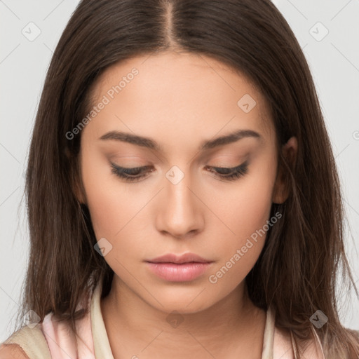 Neutral white young-adult female with long  brown hair and brown eyes