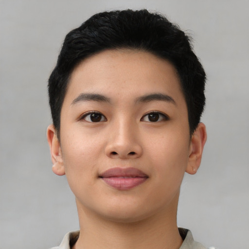 Neutral asian young-adult female with short  black hair and brown eyes
