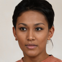 Neutral asian young-adult female with short  brown hair and brown eyes