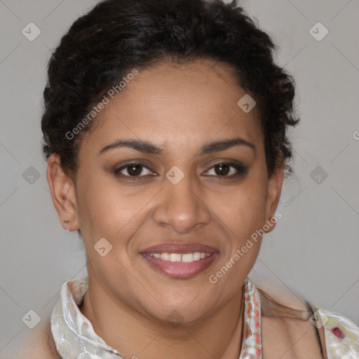 Joyful latino young-adult female with short  brown hair and brown eyes