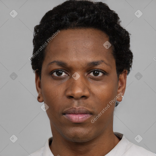 Neutral black young-adult female with short  black hair and brown eyes