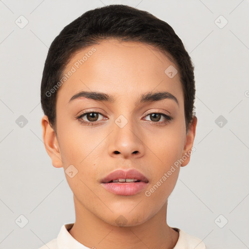 Neutral white young-adult female with short  brown hair and brown eyes