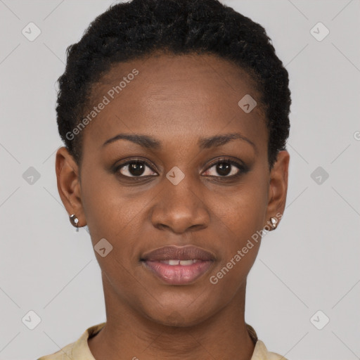 Joyful black young-adult female with short  black hair and brown eyes