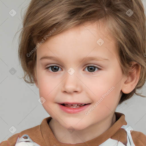 Joyful white child female with medium  brown hair and brown eyes