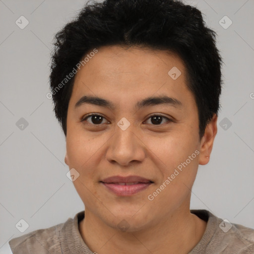 Joyful latino young-adult male with short  black hair and brown eyes