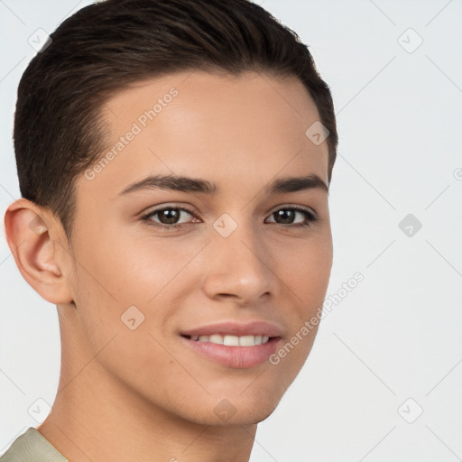 Joyful white young-adult female with short  brown hair and brown eyes