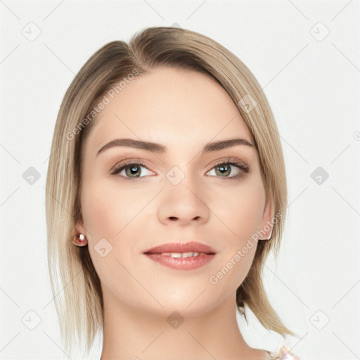 Joyful white young-adult female with medium  brown hair and blue eyes