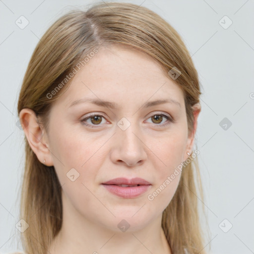 Joyful white young-adult female with long  brown hair and grey eyes