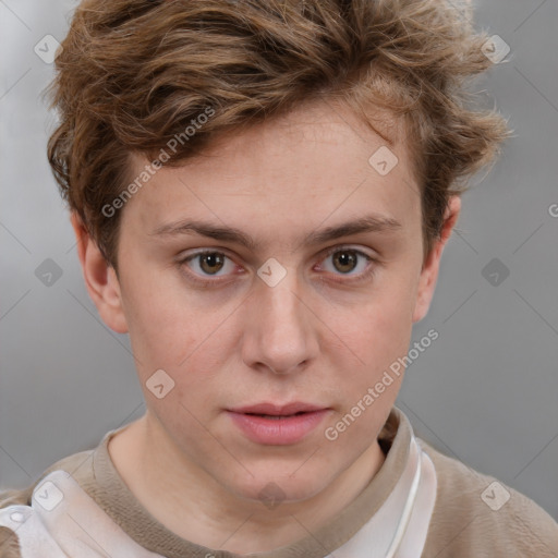 Neutral white young-adult male with short  brown hair and grey eyes