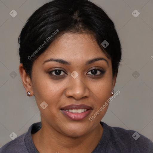 Joyful latino young-adult female with short  brown hair and brown eyes