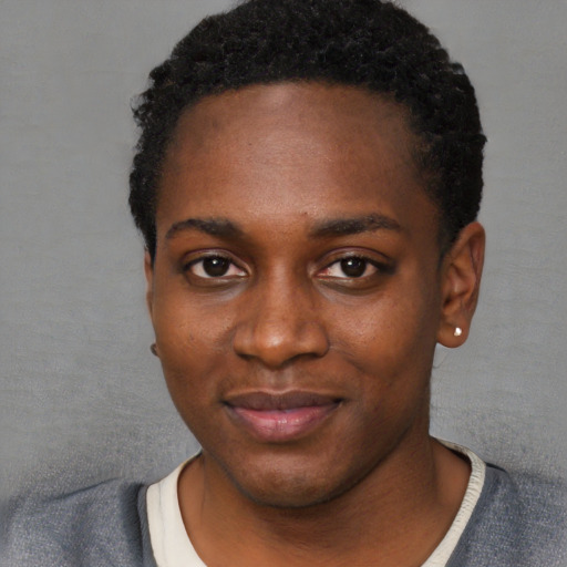 Neutral black young-adult female with short  black hair and brown eyes