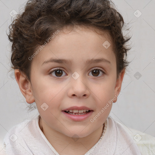 Joyful white child female with short  brown hair and brown eyes