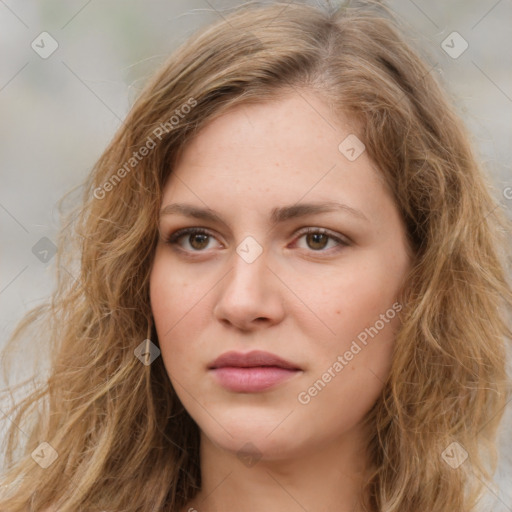 Neutral white young-adult female with medium  brown hair and brown eyes