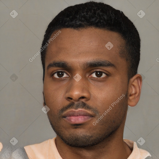 Neutral latino young-adult male with short  black hair and brown eyes