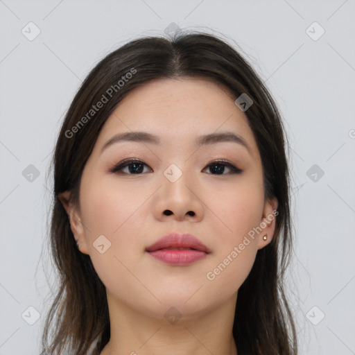 Neutral asian young-adult female with long  brown hair and brown eyes