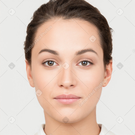 Neutral white young-adult female with short  brown hair and brown eyes