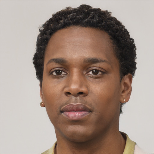 Neutral black young-adult male with short  black hair and brown eyes