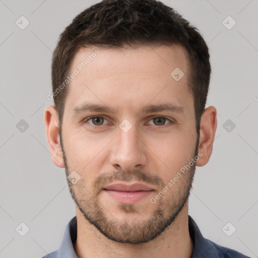 Neutral white young-adult male with short  brown hair and grey eyes