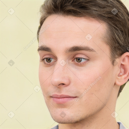 Neutral white young-adult male with short  brown hair and grey eyes