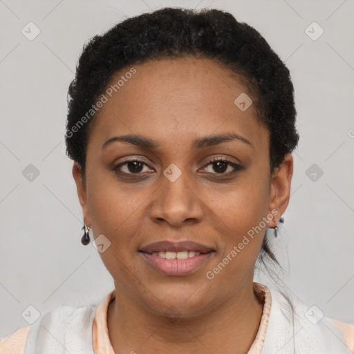 Joyful latino young-adult female with short  black hair and brown eyes